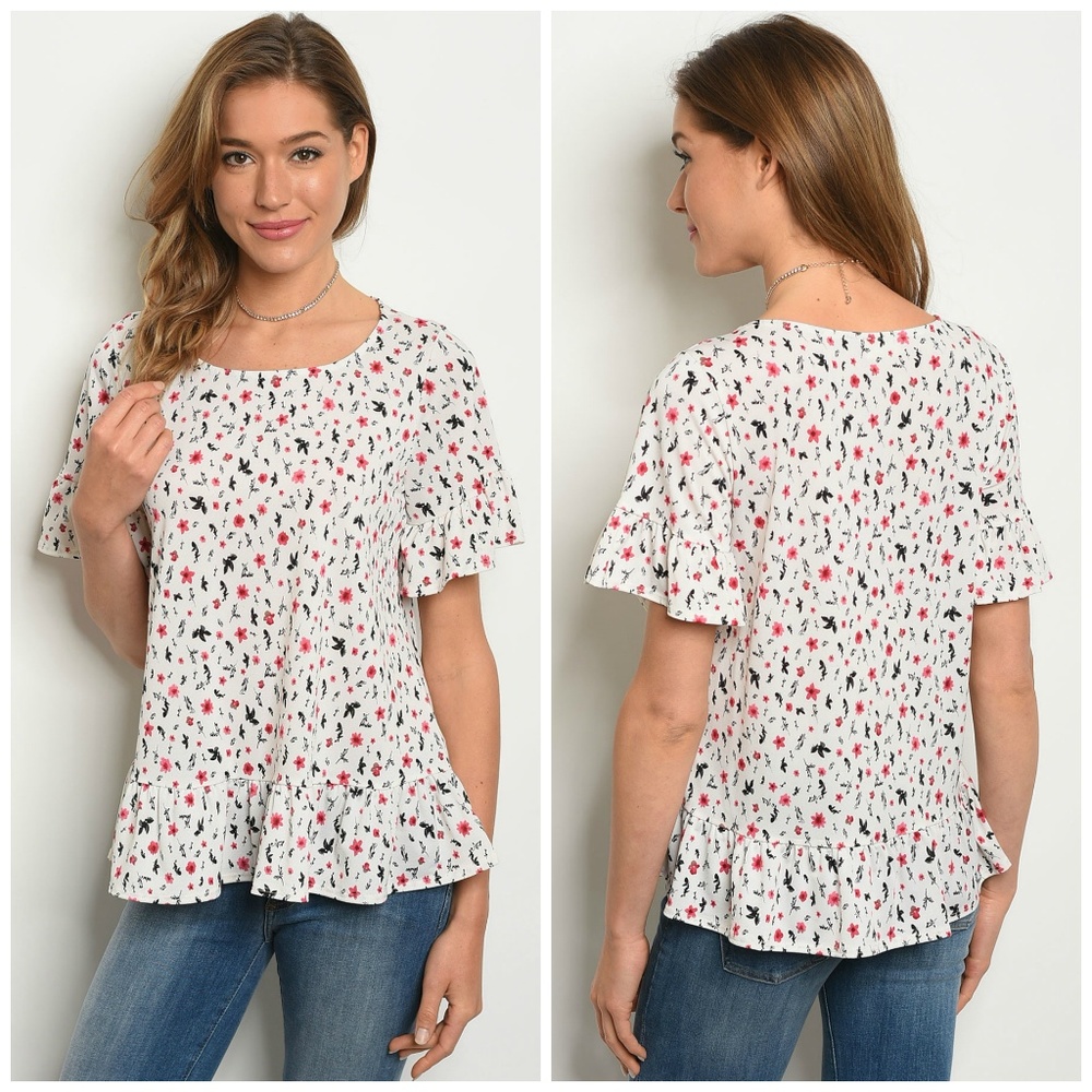 Floral Scoop Neck Top w/Ruffle Sleeves - Picture 1 of 5